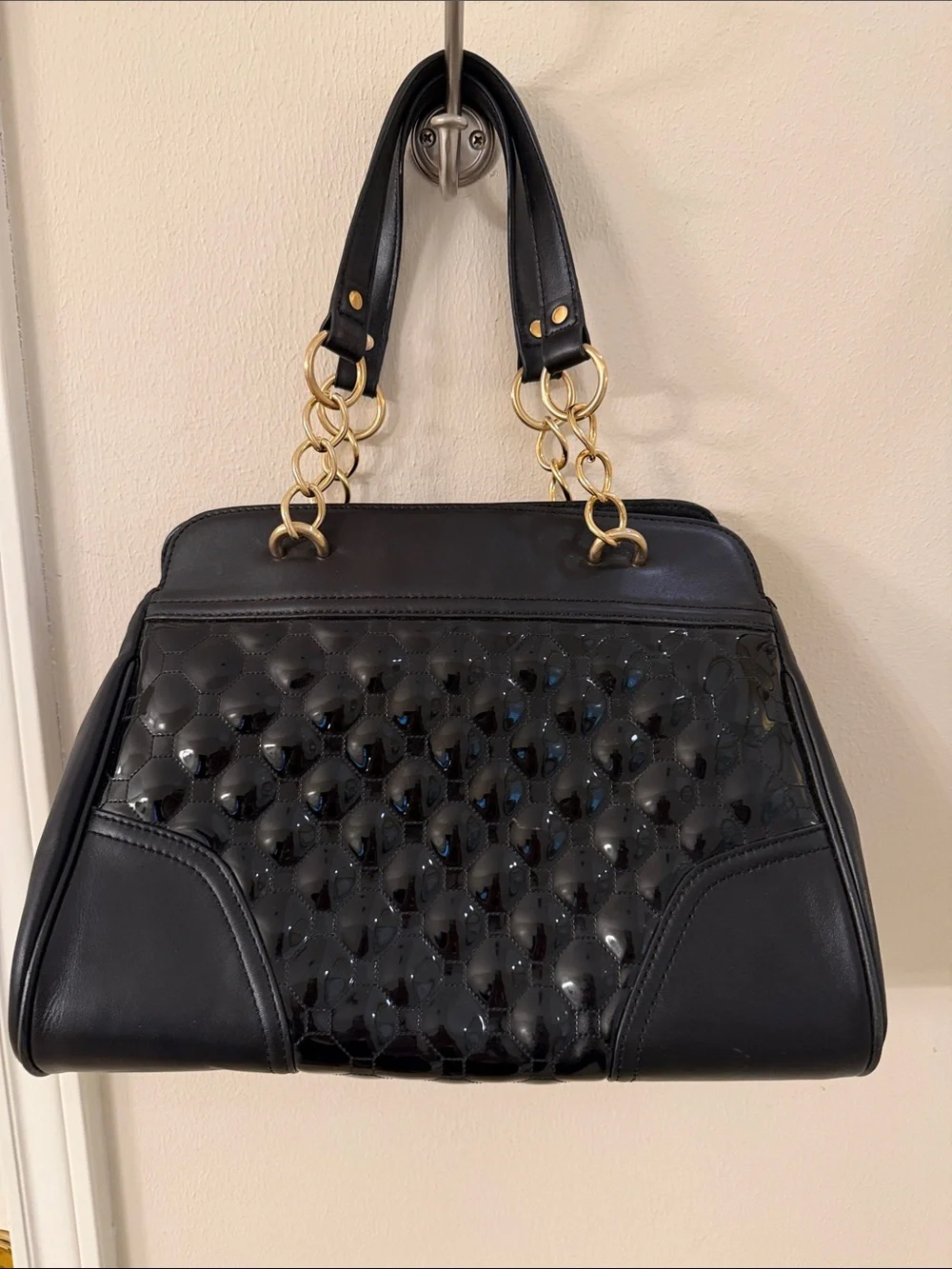 Vintage Ann Taylor Black Quilted Patent Shoulder Bag with Gold Chain Straps
